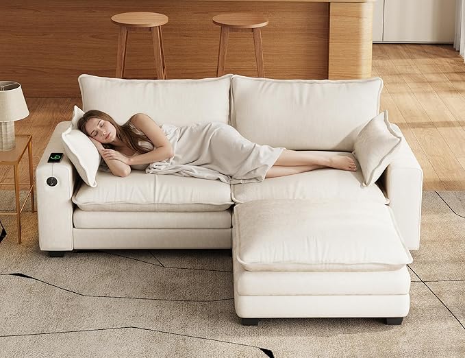 80 L Shaped Sofa Sectional Cloud Couch with Ottoman Modern Chenille Fabric Sofa with Wide Armrest Storage Charging Station Led Lights for Living Room Bedroom and Apartment White