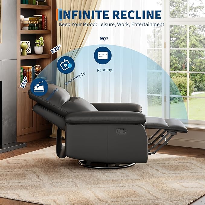 GarveeHome Recliner Chair 360° Swivel Rocker Glider Nursery Chair with Padded Armrest and Deep Seat PU Leather Upholstered Reclining Sofa Chair for Living Room Bedroom and Nursery (Ebony)