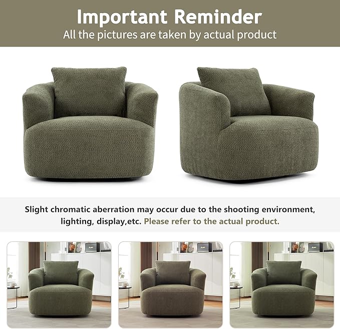 Polibi 360° Chenille Upholstered Swivel Barrel Chair 38.2 W Accent Chair Sofa Chair with a Throw Pillow for Living Room Bedroom Office and Hotel (Green)