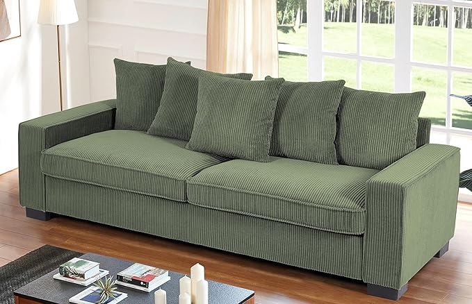 Luxe Corduroy Sofa with 5 Matching Toss Pillows Sleek Design Spacious and Comfortable 3 Seater Couch for Modern Living Room 88 Wide Dark Green