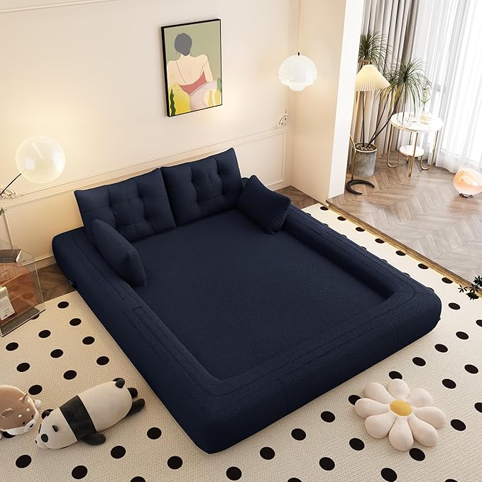 78.7'' Folding Sleeper Sofa 3 in 1 Folding Sofa Bed Teddy Couch Upholstered Deep Seat Bean Bag Lounge Recliner Oversized Human Dog Bed for Living Room Playroom Bedroom (Dark Blue)