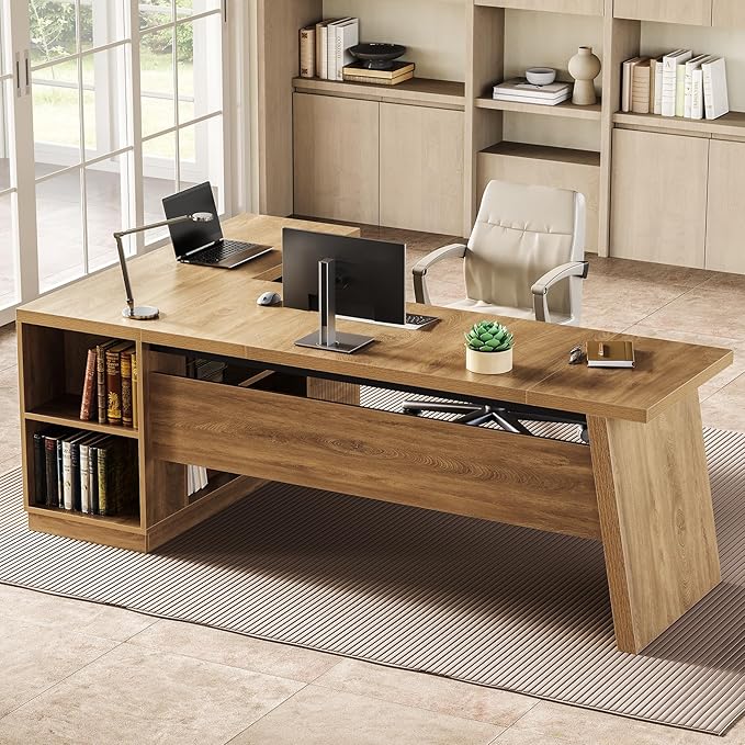 LITTLE TREE 78-Inch L-Shaped Executive Desk Modern Desk with Drawers &amp File Cabinet Large Walnut Office Workstation with Storage Shelves for Home Office