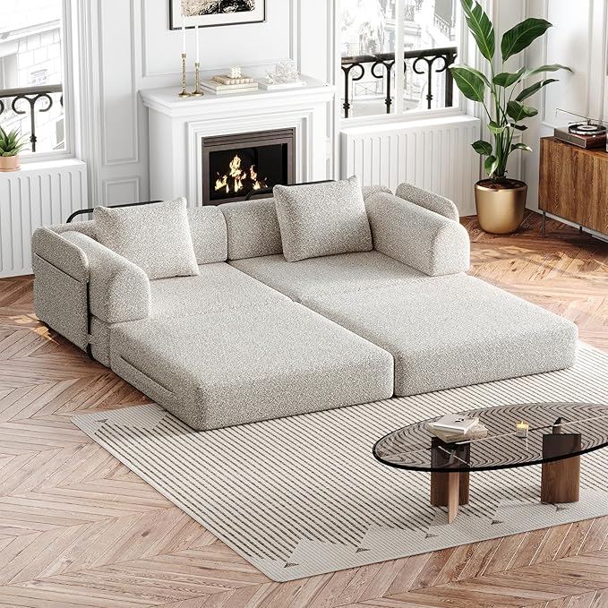 KINFFICT 72 inch Sectional Sleeper Sofa Modular Futon Folding Loveseat Floor Sofa Bed Convertible Comfy Chenille Memory Foam Couch Bed with Side Pockets for Guest Room Bedroom Living Room Beige