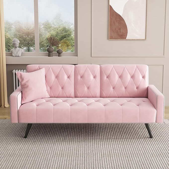 70” Velvet Futon Sofa Bed with 2 Cup Holders Convertible Sleeper Bed Modern Loveseat for Living Room Bedroom Pink