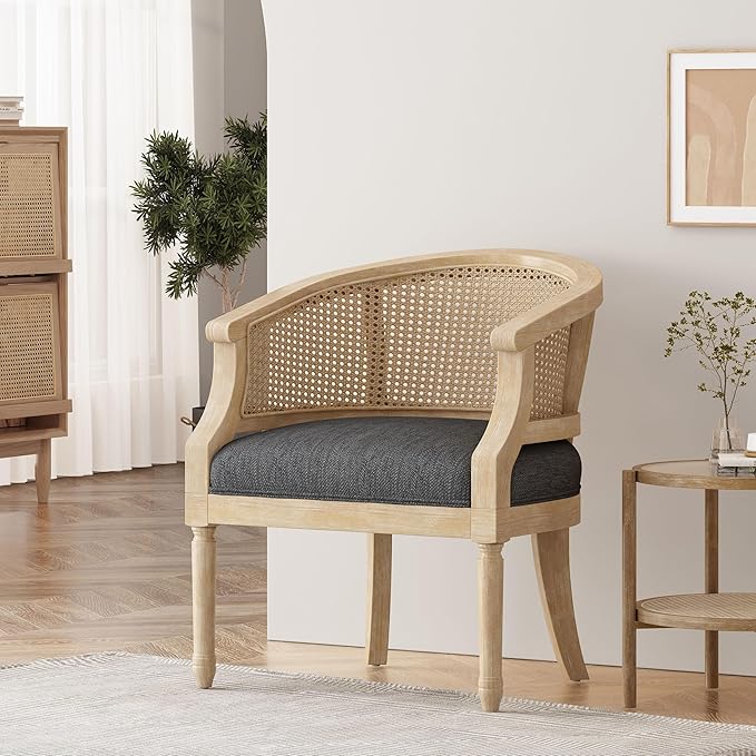 Mid Century Accent Chair Armchair with Curved Backrest and Upholstered Reading Chair with Vintage Rattan Hollow Out for Living Rooms Bedrooms Farmhouses Balconies (Charcoal)