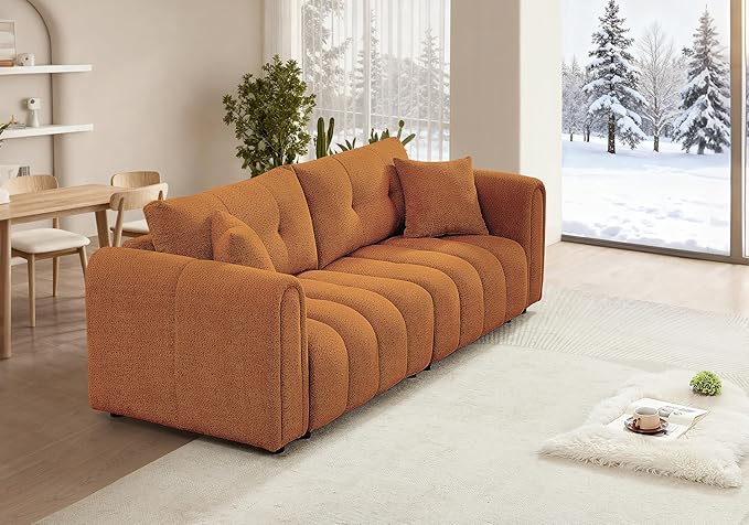 91.5 W Cloud Boucle Sofa for Living Room Modern Comfy Boucle Couch with Rolled Arms and Soft Pillows Teddy Oversized Loveseat for Apartment Studio Bedroom Orange
