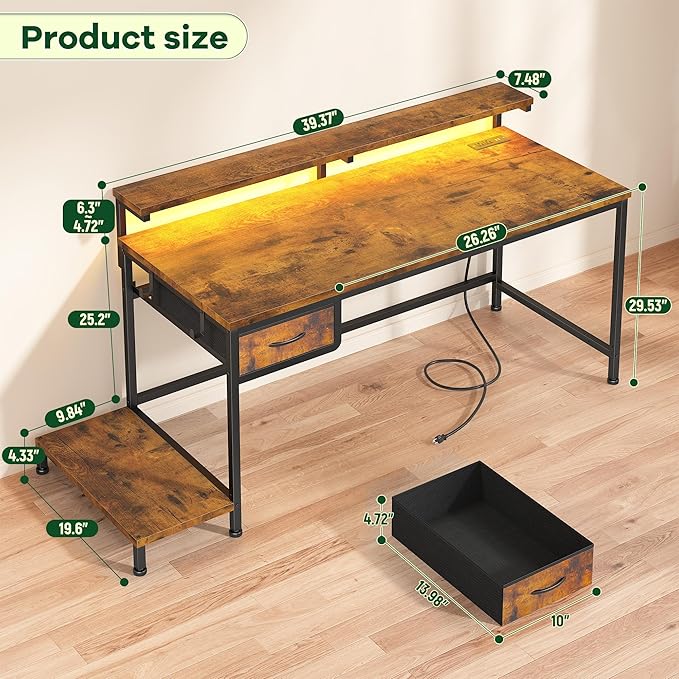 39.3Inch Office Desk with Power Outlet &amp Drawer Gaming Desk with CPU Stand&amp LED LightsComputer Desk with Ergonomic Monitor Stand for Small SpaceRustic Brown