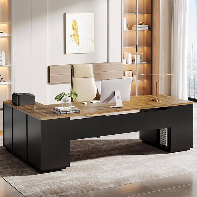 Tribesigns 85.8-Inch L-Shaped Executive Desk Extra Large Modern Office Desk with File Drawers Door Cabinet &amp Shelves Commercial Office Table Home Business Workstation Brown &amp Black