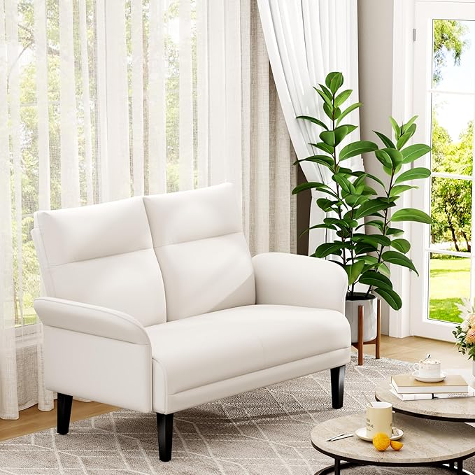 Yongchuang Small Couch 46 Beige Faux Leather Loveseat Sofa for Living Room Bedroom Love Seat Mini Couch with Arm Rest