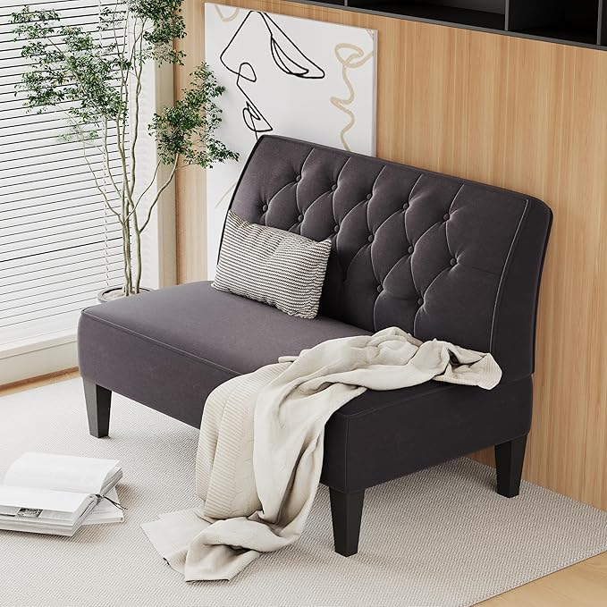 Alunaune Upholstered Loveseat Couch for Living Room Armless Bedroom Settee Small Love Seat Sofa Tufted Button Dining Room Bench - Dark Grey