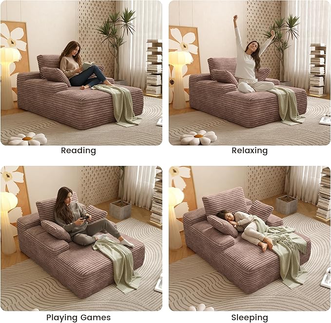 67'' Chaise Lounge Chair Indoor Oversized Boneless Sofa Bed Fluffy Corduroy Sleeper Sofa for Apartment Bedroom Living Room Comfy Cloud Boneless Couch Reading Recliner No Assembly Brown