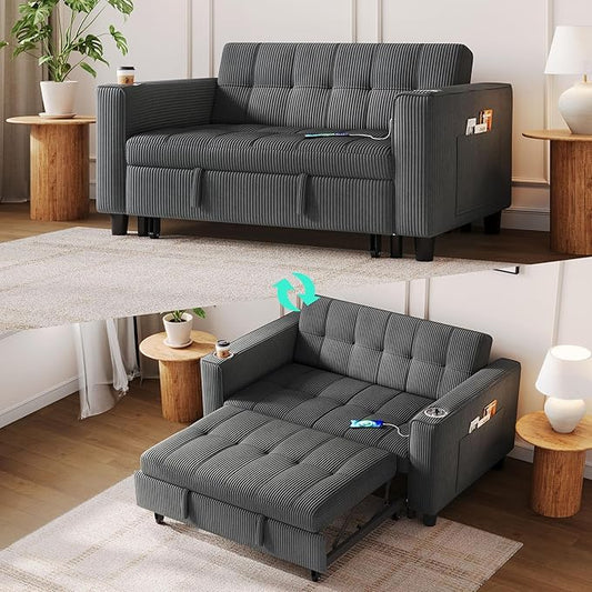 LINSY Sleeper Sofa Bed 54 Pull Out Couch with Charging Station &amp Cup Holder Small 3 in 1 Convertible Loveseat Sleeper Couch for Apartment Dorm Room Bedroom and Small Space Corduroy Gray