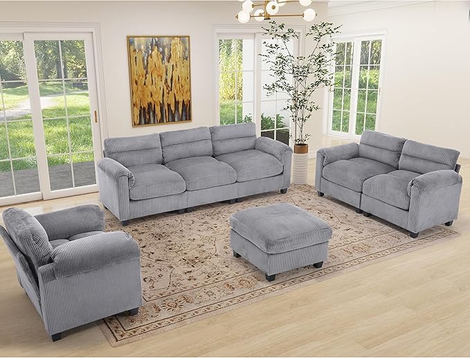 Corduroy Sofa Set Upholstered OttomanArmrest Loveseat and 3-Seater Couch with Plush Cushions and Rolled Arms Modern Living Room Furniture SetsGrey