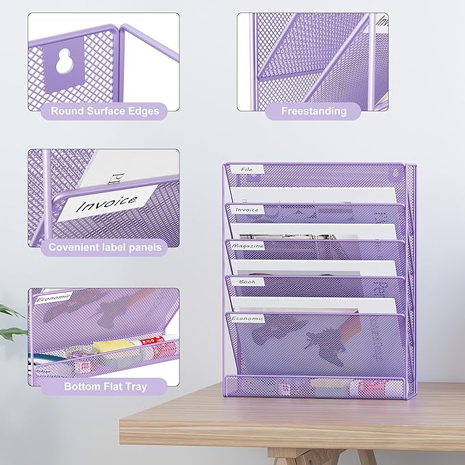 EasyPAG 5 Tier Wall File Holder Mesh Hanging Folder Organizer with Classify Label Versatile Desk File Holder Vertical Wall Mounted Mail Organizer for Office Home Cubicle Purple