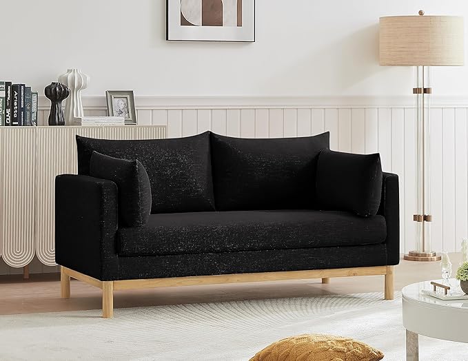 Meridian Furniture 157Black-L Langham Collection Mid-Century Modern Linen Textured Fabric Upholstered Loveseat Black Linen Textured Fabric Natural Finish Wood Base 66 W x 33.5 D x 33 H Black