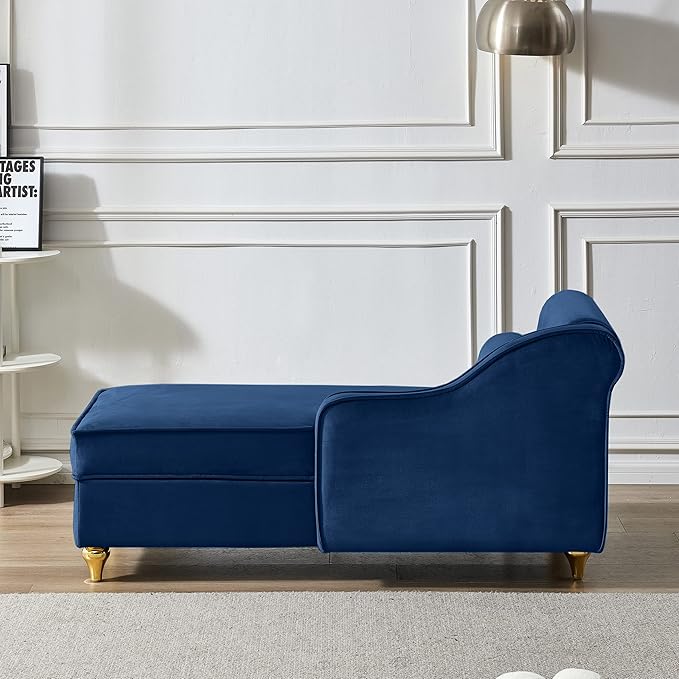 60.6Modern Storage Chaise Lounge IndoorVelvet Upholstery Sofa Chair with1 Toss PillowsUpholstery Lounge Sofa with Gold Metal Legs For Small ApartmentLiving RoomOfficeReception AreaNavy Blue