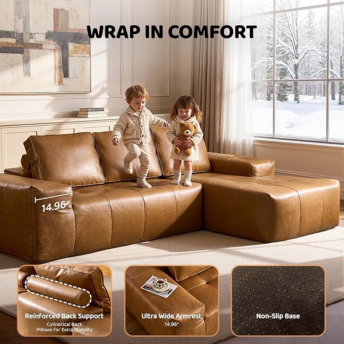 115″ Modular Sectional Sofa L-Shaped Chaise Lounge Cloud Couch with Ultra-Wide Armrests &amp Deep Seat Soft Leather Boneless Couches for Living Room No Assembly Required Brown