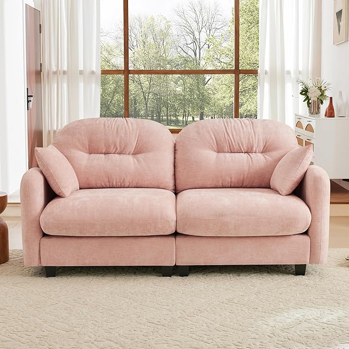 KEIKI 74 Oversized Chenille Modular Sectional Loveseat Sofa with High-Density Foam Cushions and Tufted Pleated Cushion Backrest Upholstered 2-Seater Cloud Couch with 2 Pillow for Living Room Pink