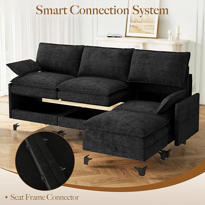 106 L Shaped Modern Modular Sectional Sofa Chenille Cloud Couch with Storage Ottoman Deep Seat Couches with Side Pocket for Living Room Bedroom and Apartment Dark Grey
