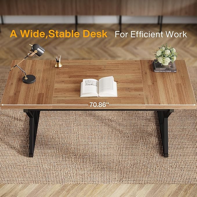 Tribesigns 70.86-Inch Large Executive Desk Industrial Home Office Computer Desk Simple Long Writing Study Table Business Furniture (Light Brown/Black)