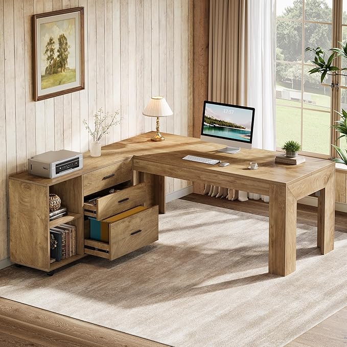 Tribesigns 63 L Shaped Desk with Storage Executive Office Desk with Mobile Lateral File Cabinet Combo Large Computer Table with Drawers and Shelves Business Furniture Set for Home Office Brown