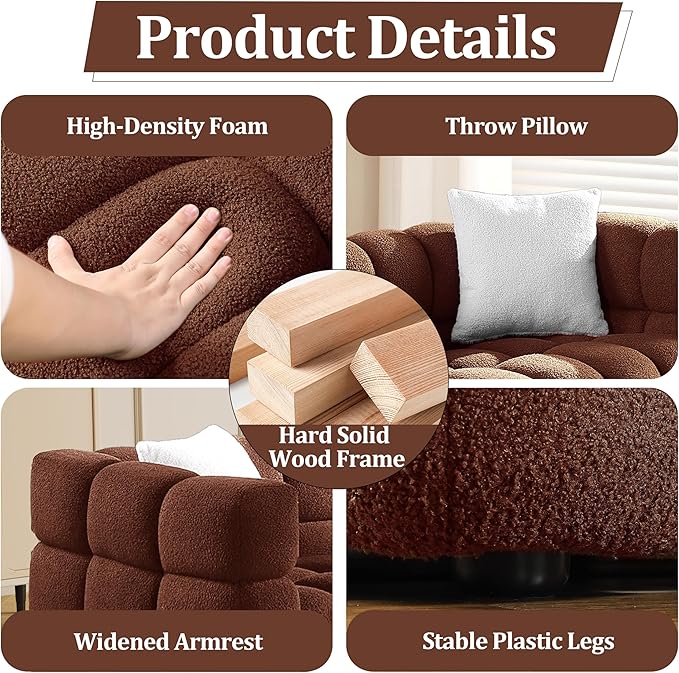 Modern Boucle Loveseat Couch for Living Room 61'' Sherpa Upholstered Sofa Couch Comfy Cloud Deep Seat Sofa Luxury Minimalist Plush Fluffy Couch for Small Apartment Office 2 Pillows Caramel