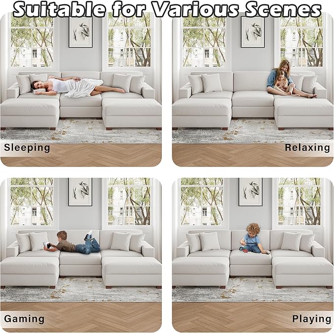 117.8 U Shaped Modular Sectional Sofa with Ottoman Comfy Corduroy Fluffy Couch with Deep Seat Flexible Module Combination for Living Room and Office Beige