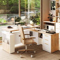 63 Standing Desk with File Cabinet Privacy Panel AC/USB 1.18 Desktop Executive L Shaped Height Adjustable Electric Stand Up Desk Home Office Table with 3 Drawers Light Walnut
