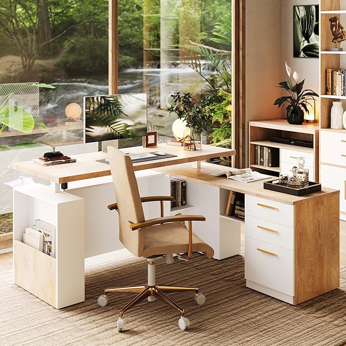63 Standing Desk with File Cabinet Privacy Panel AC/USB 1.18 Desktop Executive L Shaped Height Adjustable Electric Stand Up Desk Home Office Table with 3 Drawers Light Walnut