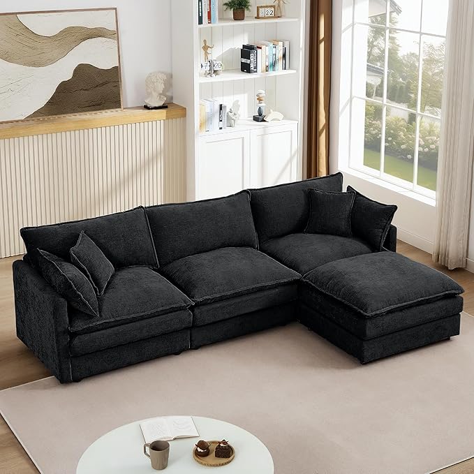 Harper &amp Bright Designs 105 W Modular L-Shaped Sectional Sofa with Removable Ottoman 3-Seater Configurable Layout Black