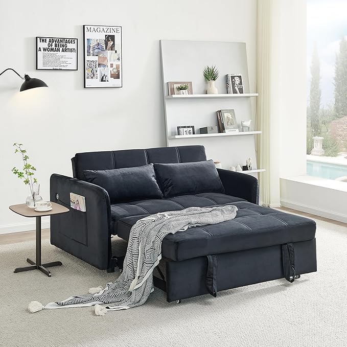 55.5 Velvet Convertible Sofa Bed Pull Out Sleeper Sofa Bed Loveseat Couch with USB Charging Ports 3 in 1 Convertible Sleeper Sofa Bed for Living Room Apartment Bedroom RV Black