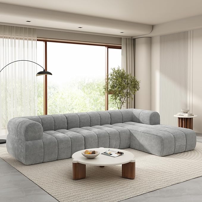 Christopher Knight Home Mania 122 Modular L-Shape Sofa Couch with Chaise Lounge Modern Sectional Sofa Set for Living Room Boucle Fabric Upholstered Cloud Couch with Deep Seat Gray