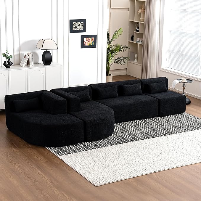 144 Upholstered Sofa Free-Combined Sofa Couch with Two Chaise Lounge and Five Back Pillows for Living Room (Black@50)