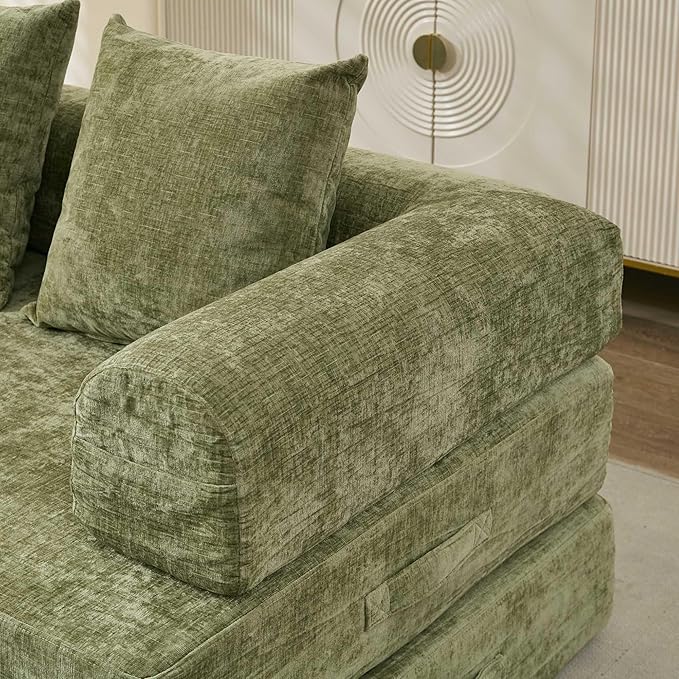 3 in 1 Convertible Futon Sofa Bed Modern King Size Chenille Loveseat Sleeper Sofa Folding 3-Seater Foldable Lounger Couch Bed for Living Room Bedroom Guest Room (Green 3 Throw Pillows)