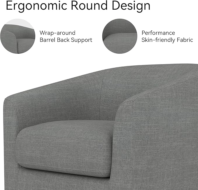 Swivel Accent Upholstered Modern Barrel-Curved Arm Linen Fabric Comfty Sofa Solid Wood Base Reading Bedroom Club Living Room Chair Charcoal Grey