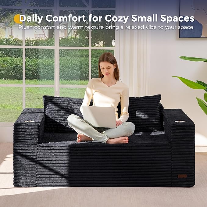 MAXYOYO 63 Boneless Loveseat Sofa Couch 2-Seater Floor Loveseat for Small Space with Cup Holders Corded Couch with Pillows Floor Sofa for Apartment &amp Lounge No Assembly Required Black