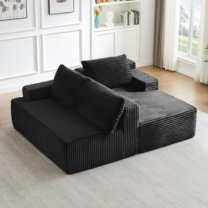 Modern Corduroy Modular Sectional Sofa96.1 Minimalist Style L-Shaped 3 Seat Couch with Side Storage PocketsComfortable Chaise Lounge for Living RoomReception AreaBlack Right Chaise Lounge