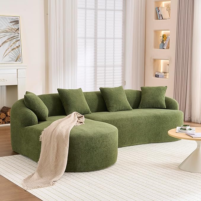DEINPPA L Shape Modular Couch 3-Seater Chenille Comfy Couch with Throw Pillows Modern Cloud Sofa for Living Room Apartment-Green