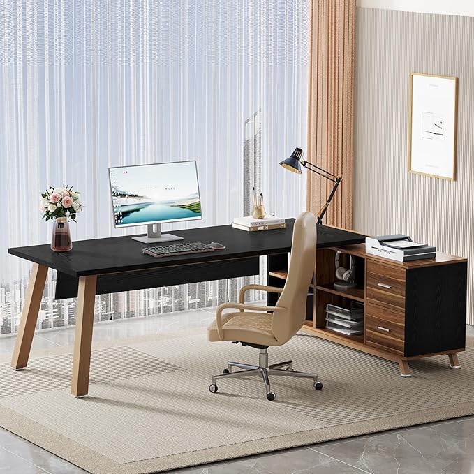 Tribesigns 78.7-Inch Executive Desk L-Shaped Desk with 55-Inch Cabinet Large Office Desk with Storage Shelves Modern Computer Desk for Home Office Black &amp Walnut