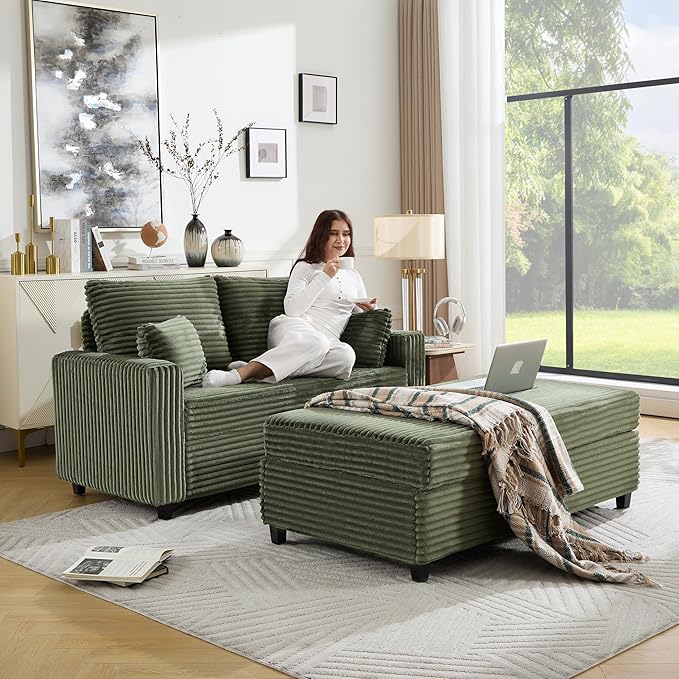 Tbfit 63.4 Oversized Loveseat with Storage Ottoman Comfy Chaise Lounge Chair Indoor Corduroy Sleeper Sofa Bed Modern Upholstered Love Seat Couch for Living Room Bedroom Apartment Green | Breath