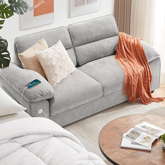 Ihanherry 71.5 Inch Loveseat Pillow-Armrest Sofa with USB/Type-C Charging Port Modern 2-Seats Sofa for Living Room &amp Bedroom Removable Medium Firm Cushion Breathable Chenille Fabric Grey