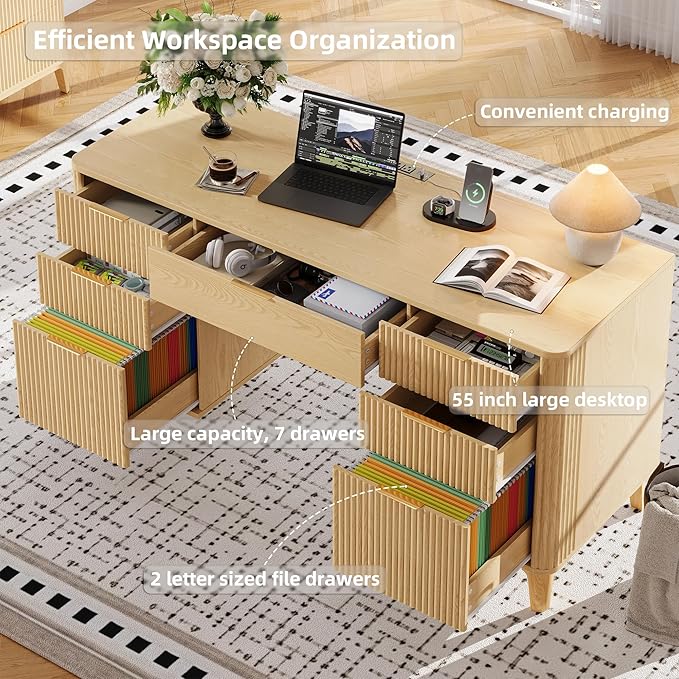 55.1 Fluted Executive Desk with Drawers Wood Computer Desk with Storage Cabinet Home Office Desk with Charging Station Farmhouse Desk with File Cabinet for Office Home