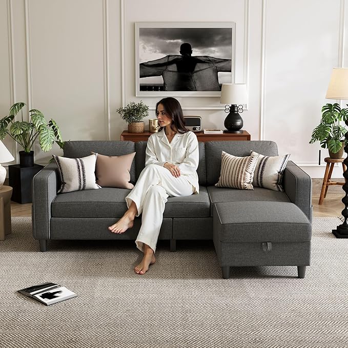 Sectional Sofa Couches for Living Room - 3-Seat Dark Gray L-Shaped Modern Sofa Couch with Reversible Storage Ottoman &amp Storage Pockets for Living Room Apartment Studio