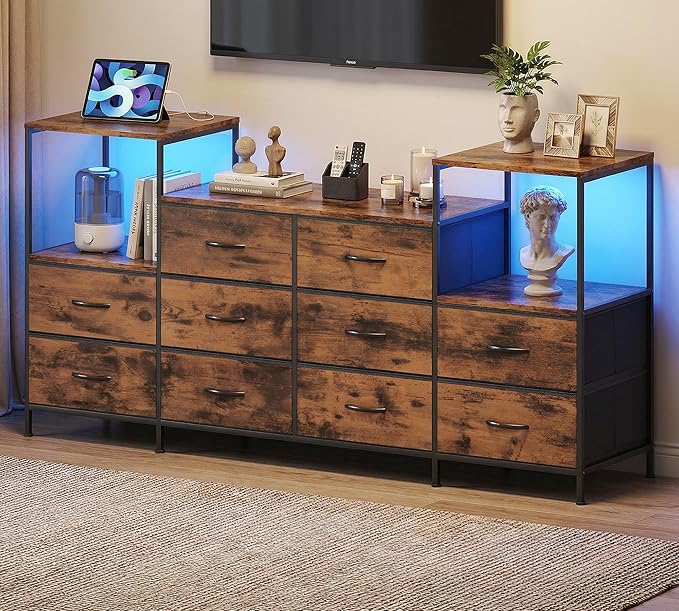 TV Stand for 50 inch TV with Charging Stantion &amp LED Light Entertainment Center with 10 Fabric Drawers Media Console Table with Open Storage Shelves for Living Room