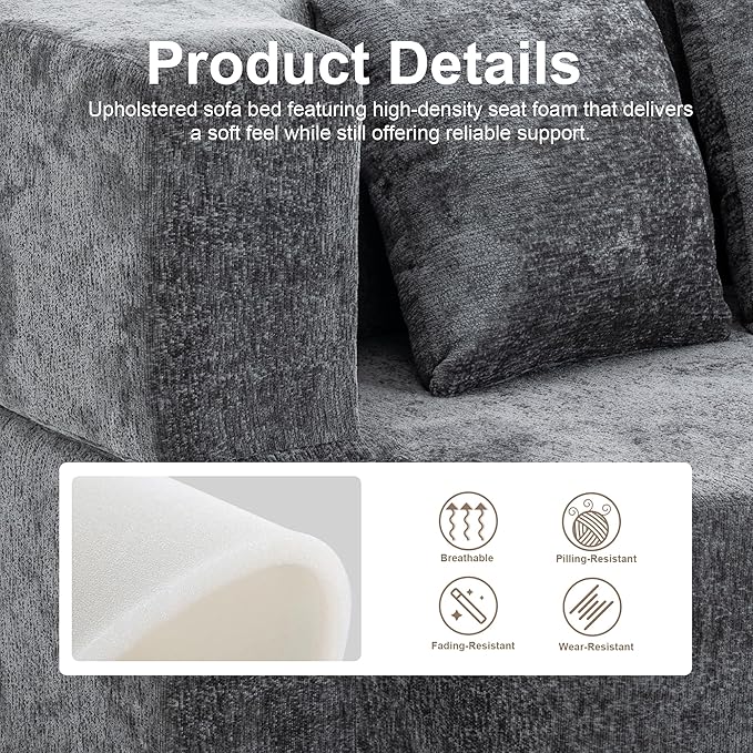 2 in 1 Convertible Sofa Bed 78.8 Modern Loveseat Sofa Couch Curved Folding Sleeper for Living Room Apartment Small Space No Assembly Required Grey