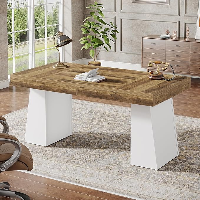 Tribesigns 55 Inches Executive Desk Mid-Century Modern Home Office Desk Wood Computer Table Business Workstation Small Conference Table White &amp Brown