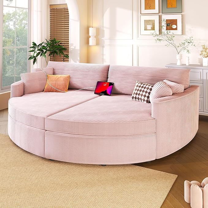 Merax 102.3 Oversized Double Chaise Lounge Indoor Comfy Corduroy Upholstered Loveseat Sleeper Sofa Bed Deep Seat Cloud Couch with USB Ports and Throw Pillows for Living Room Pink