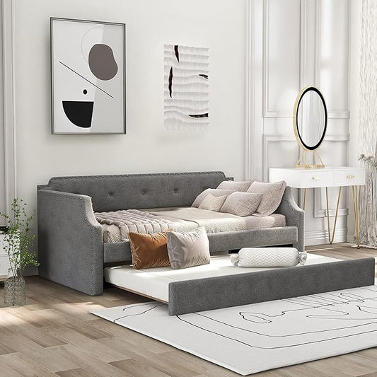 Flieks Twin Upholstered Daybed Linen Fabric Upholstered Tufted Sofa Bed with TrundleSofa Bed Trundle Daybed with Wood FrameGray