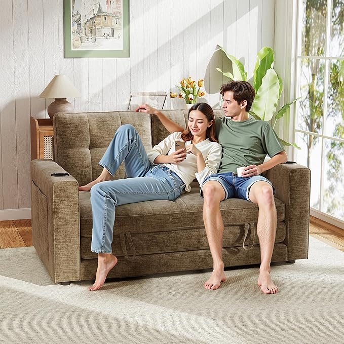 WorthFurni Convertible Sofa Bed Folding Sofa Bed 2 in1 Pull Out Loveseat Sleeper Sofa Floor Sofa Bed for Small Spaces Folding Couch Bed with Pillows for Living Room Bedroom - Brown