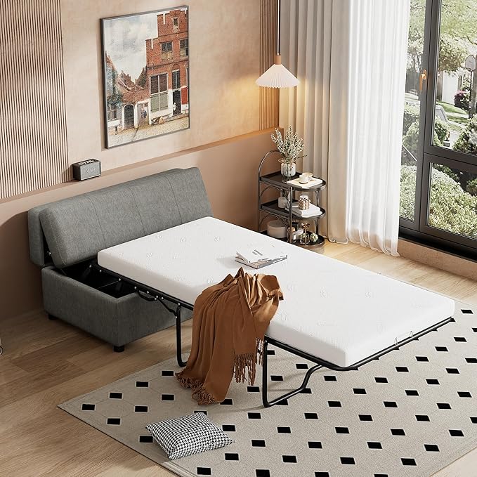 Folding Ottoman Sleeper Bed with Mattress Wood Legs and Chenille Fabric Convertible Chair into Sofa Bed Pull Out Ottoman Lounge for Small Space (Dark Gray * 9)